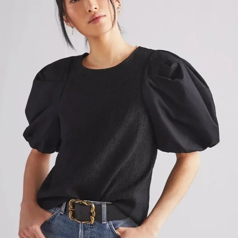 Anthropologie Black Puffed Sleeve Blouse with Peter Pan Collar